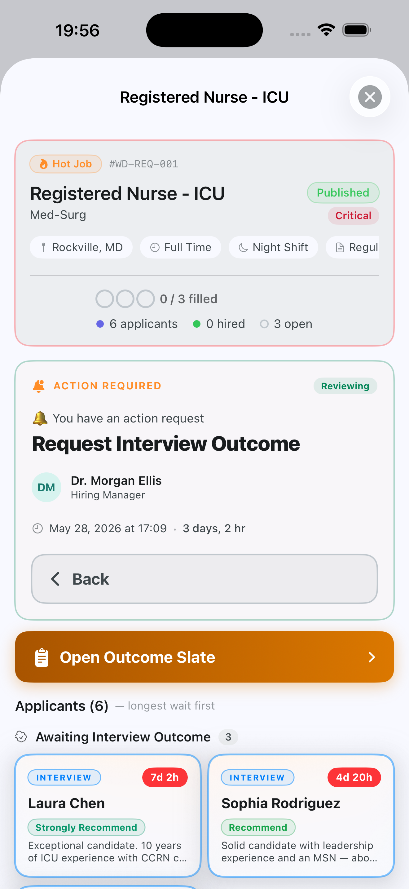 Boundee hiring manager view — action required, request interview outcome